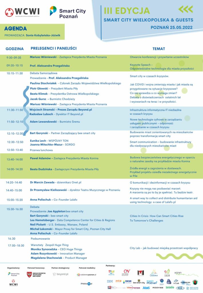 Na obrazku białym z dodatkami niebiesko zielonymi wypisani są prelegenci i paneliści biorący udział oraz ich tematy na konferencji